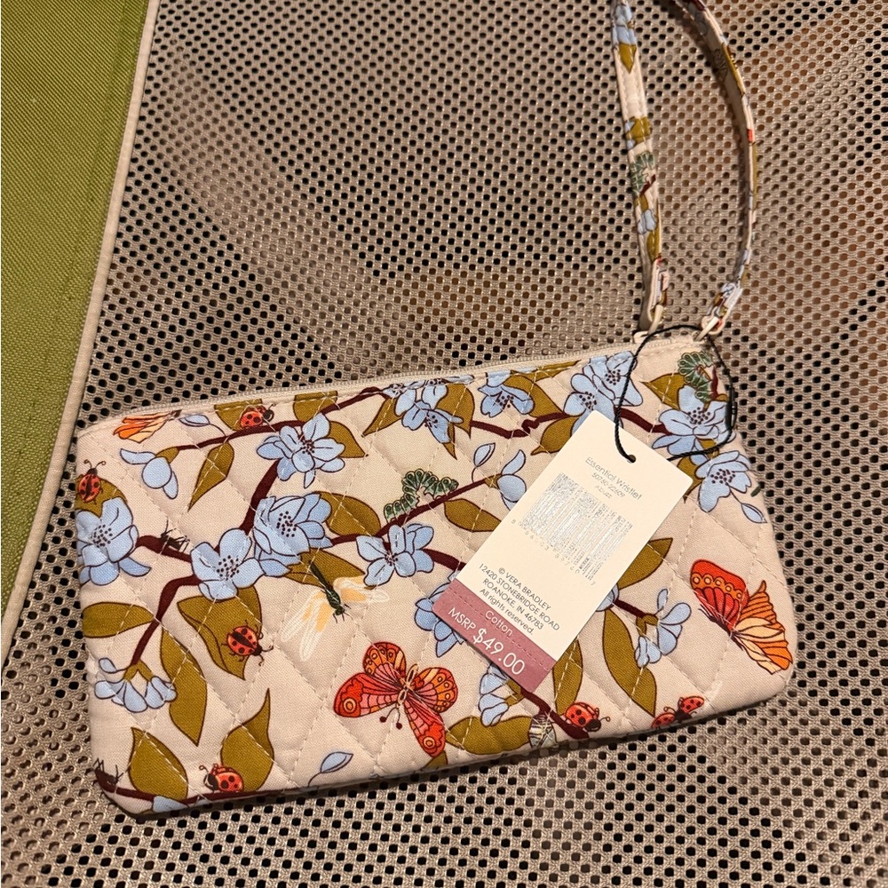 Vera Bradley Beige Wristlet with Blue Floral & Orange Butterfly Print